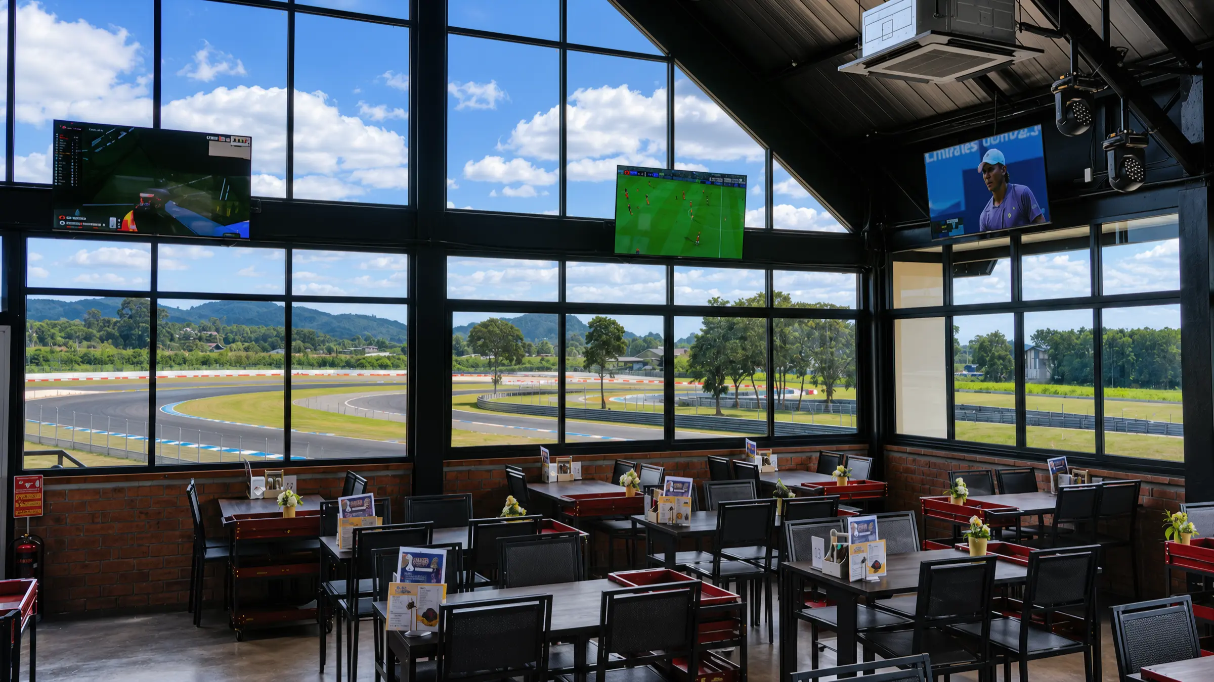 The sports-restaurant hall at BOX BOX — table rows under the glass wall and match screens